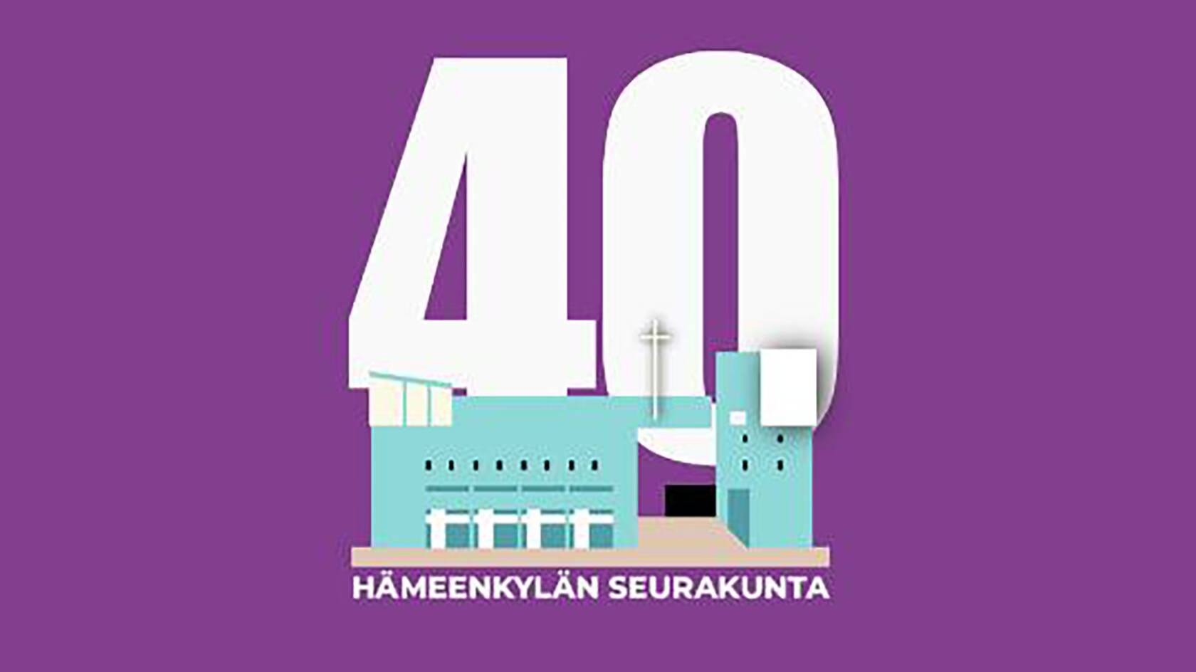 Graafinen värikäs kuva. Violetti tausta. 40-vuotislogo, jossa graafinen Hämeenkylän kirkko.