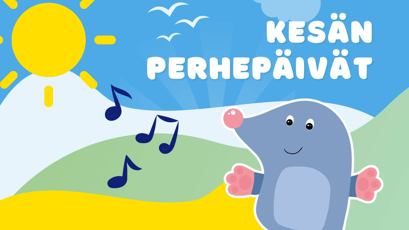 Piirros, jossa Mille-myyrä on iloisena kesämaisemassa ja aurinko paistaa