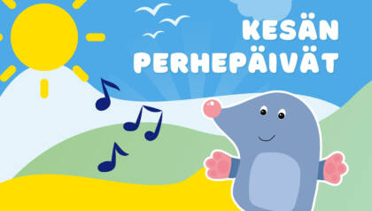 Piirros, jossa Mille-myyrä on iloisena kesämaisemassa ja aurinko paistaa
