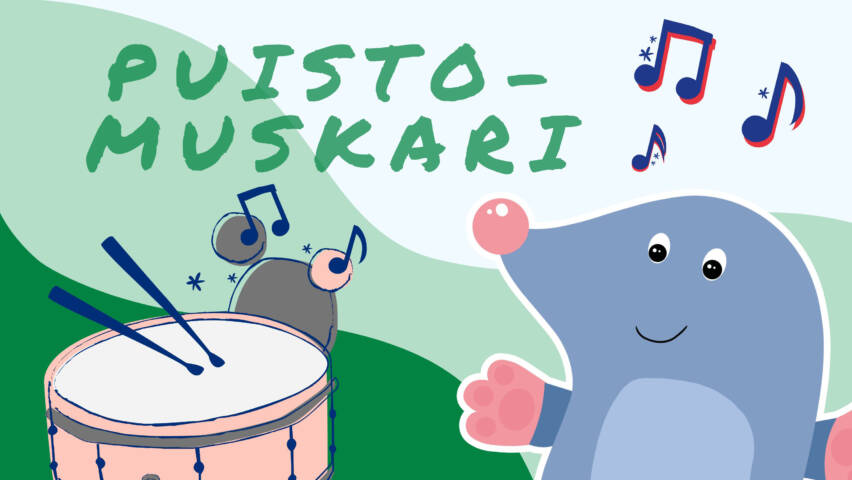 Piirros, jossa Mille-myyrä iloitsee soitinten ja nuottien keskellä
