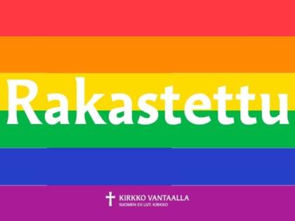 Sateenkaaren värisellä pohjalla teksti Rakastettu