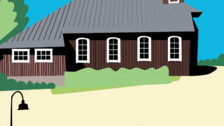 Piirroskuva Seutulan kappelista. Punainen kappeli, vihreää nurmikkoa, aurinko paistaa.