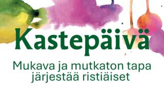 Kastepäivän mainoskuva, taustana värikäs vesivärikuva