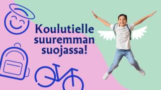Kuvassa lapsi hyppää reppu selässä siivet suojanaan.