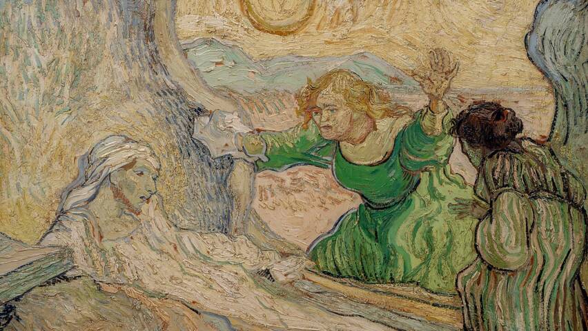 Kuvassa Vincent van Goghin maalaus Lasaruksen herättäminen vuodelta 1890. Wikimedia Commons.