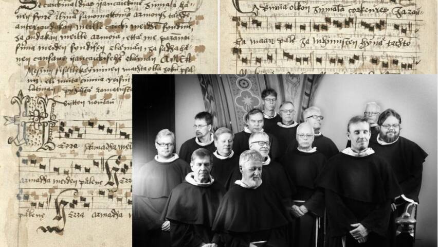 Kuvassa Codex Westhin sivuja doria.fi:sta sekä Corvus Laurencij -kuoro.