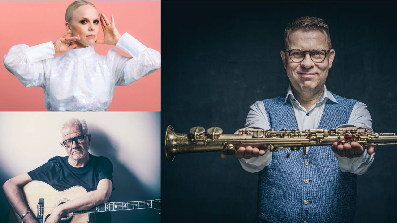 Kolme muusikkoa kuvissa. Laulaja Aili Ikonen ja muusikot Jukka Perko sekä Pekka Ruuska.