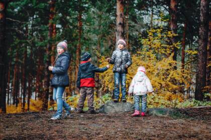 Neljä koululaista ulkoilemassa syksyisessä metsässä