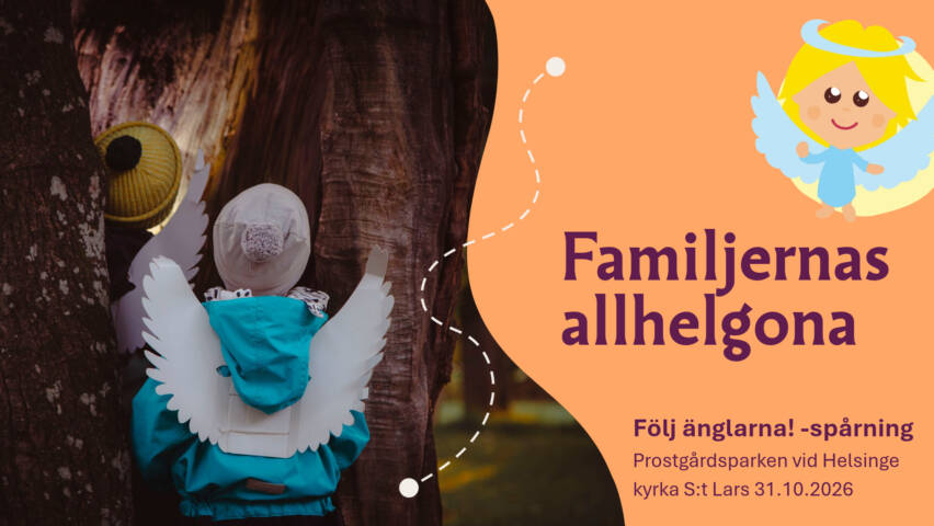 Evenemangsbild med barn med änglavingar och en stig på en karta.