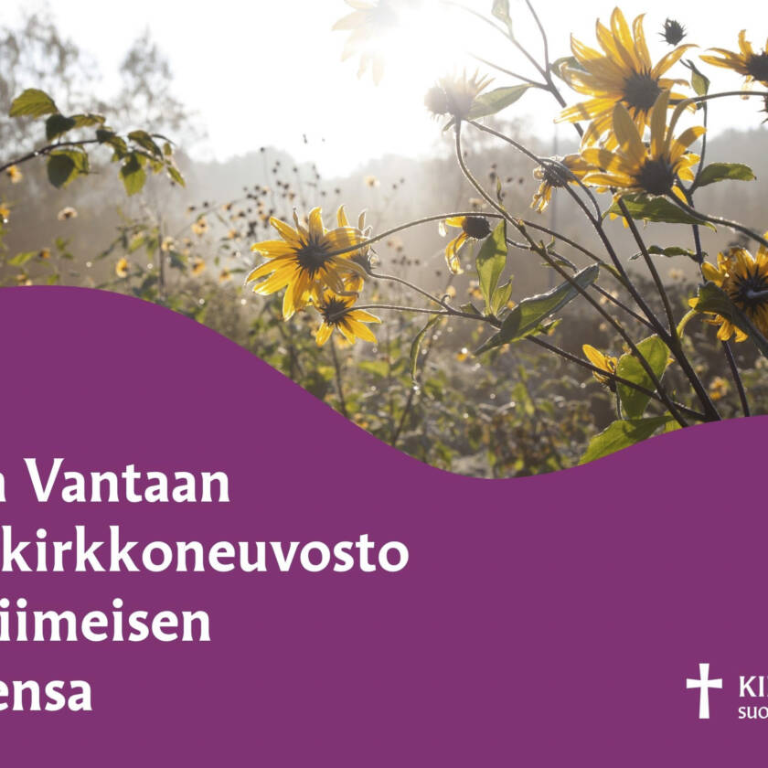 Keltaisia kukkia ja purppurainen pohja jossa teksti YKN 9.9. Nykyinen Vantaan yhteinen kirkkoneuvosto aloittaa viimeisen syyskautensa
