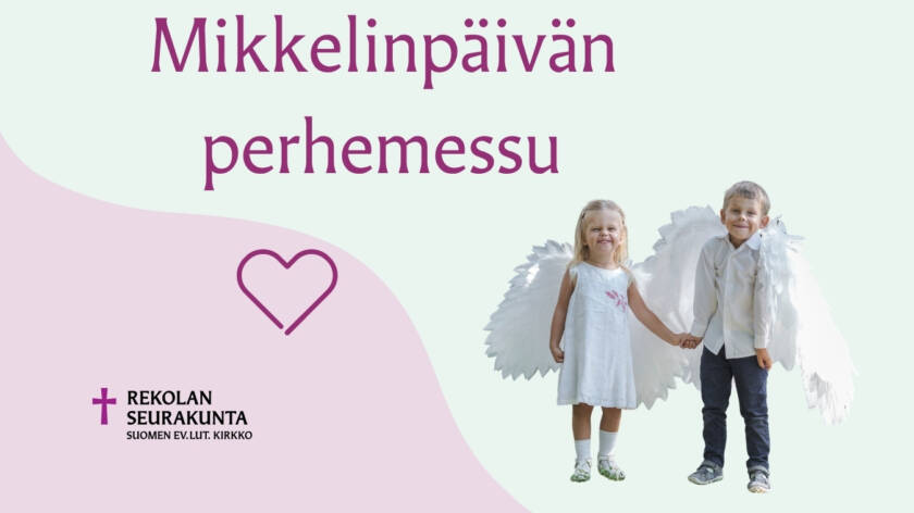 Kaksi hymyilevää lasta enkelin siivet selässä.