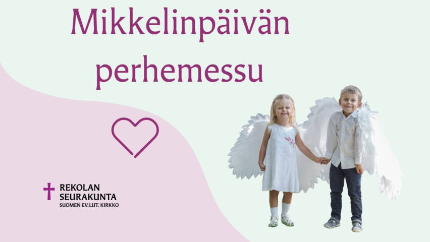 Kaksi hymyilevää lasta enkelin siivet selässä.
