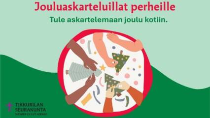 piirretty graafinen kuva, jossa kolmet kädet tekevät joulukuusiaskarteluja
