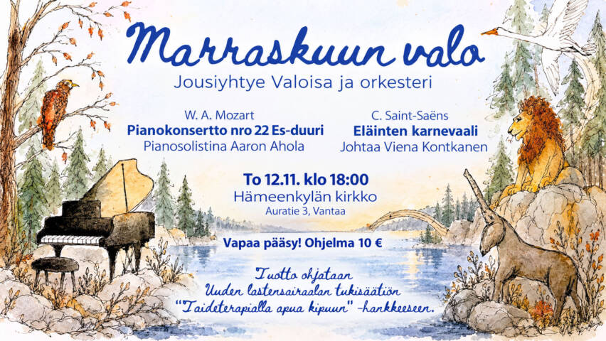 Konsertin mainoskuva, piirrettyjä eläimiä