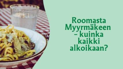 Ravintolaillallinen Roomassa pöydällä pasta-annos punaruudullisella pöytäliinalla
